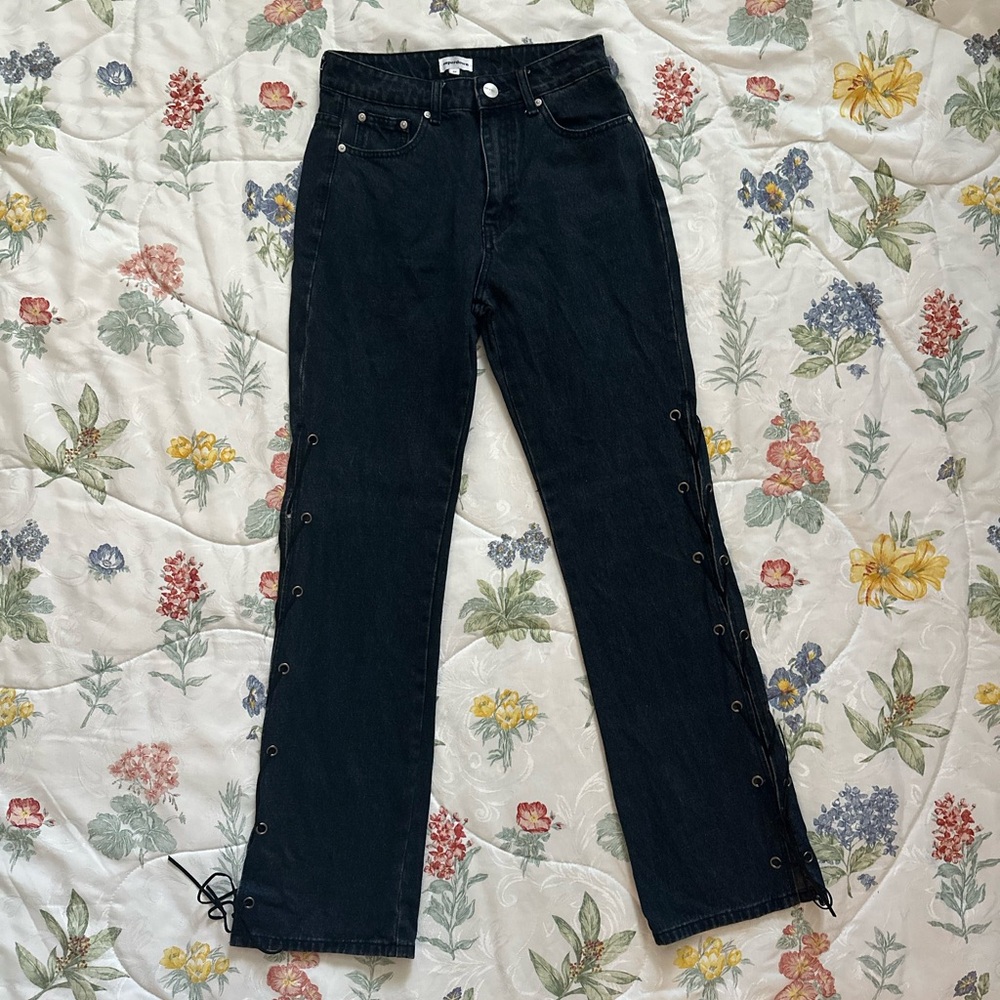 Revolve Superdown Jayda Lace Up Jeans straight/flare leg tie up leg slit Sz 27